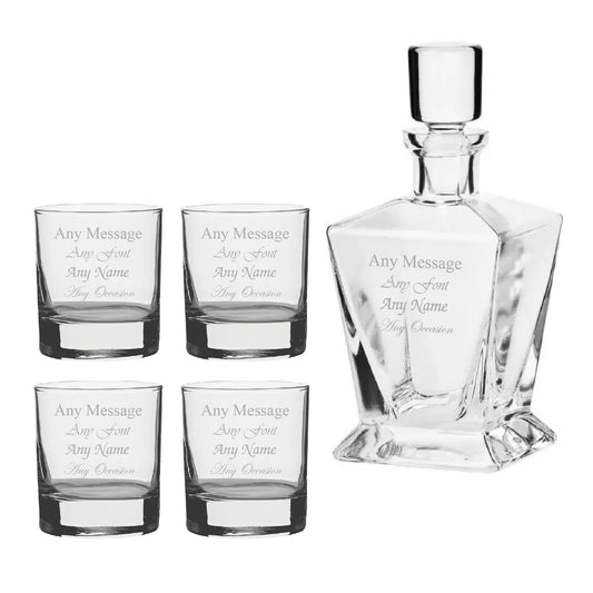 Engraved 4 x 11.5oz Side Whisky glasses and 750ml Tapered Square Decanter Any message Set Image 1