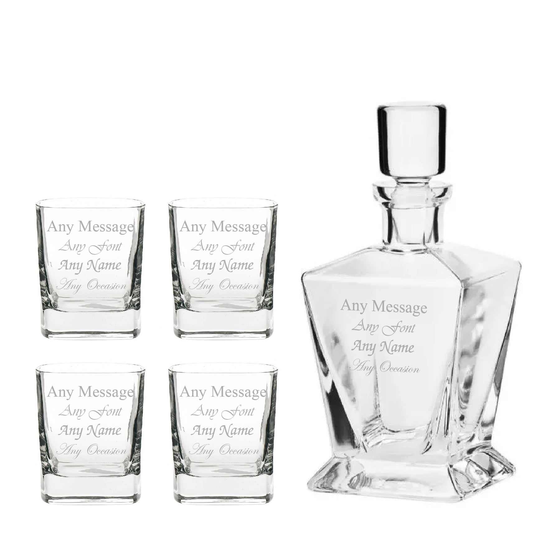 Engraved 4 x 345ml Tallo Tumblers fashion and 750ml Tapered Square Decanter Any message Set