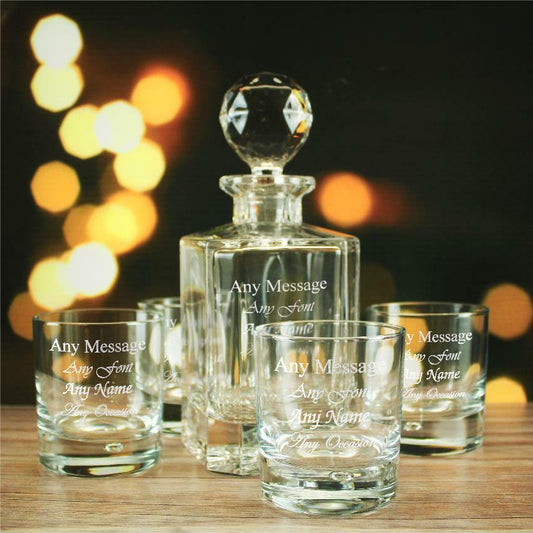 Engraved 4 x 11.5oz Bubble Whisky glasses and 800ml Crystalite Square Decanter Any Message Set Image 1