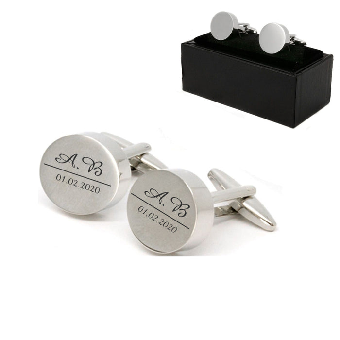 Engraved Round Cufflinks with Initial and Date Design Image 2