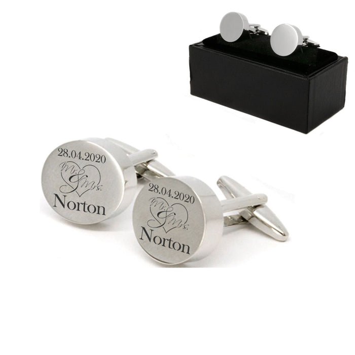 Engraved Round Cufflinks with Mr and Mrs Wedding Design Image 1