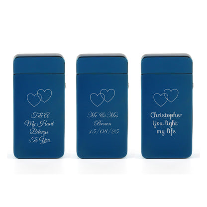 Engraved Electric Arc Lighter, Blue, Overlapping Hearts Image 4