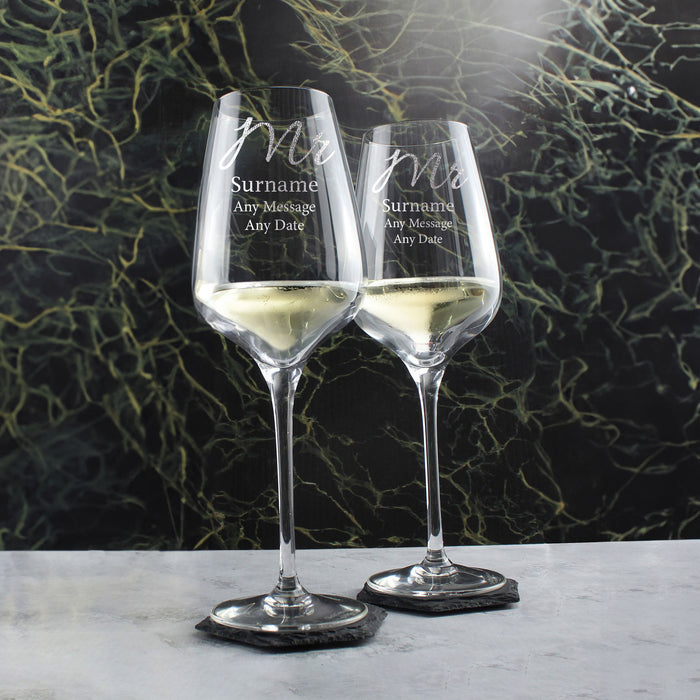 Engraved Mr and Mr Wedding Large Crystal Wine Glasses, Elegant Font