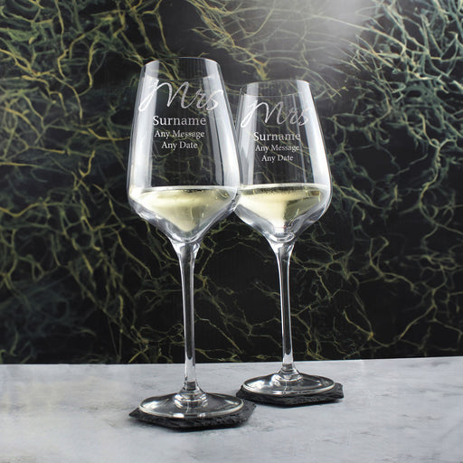 Engraved Mrs and Mrs Sublym Wine Glasses - Elegant Font