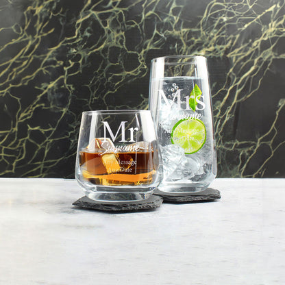 Engraved Mr and Mrs Whisky and Cocktail Glass Set, Classic Font