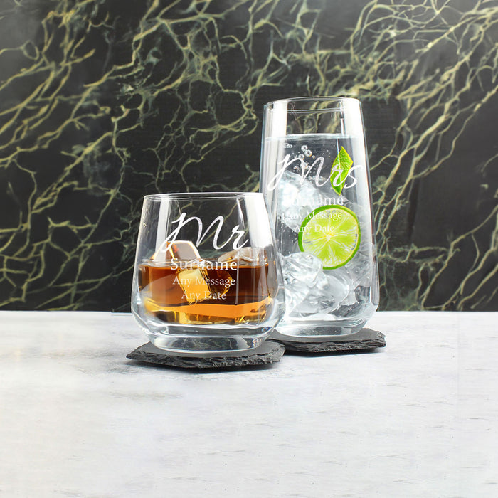 Engraved Mr and Mrs Whisky and Cocktail Glass Set, Elegant Font
