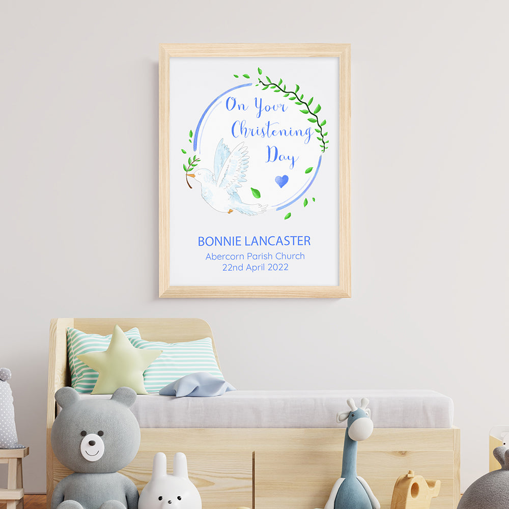 Personalised On Your Christening Day Dove Natural Framed Print