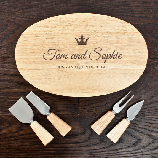 Personalised King and Queen of Cheese Oval Wooden Cheese Board Set