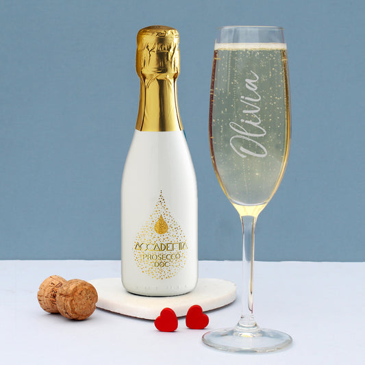 Personalised Name Only Flute Glass & Mini White Bottega Prosecco Set