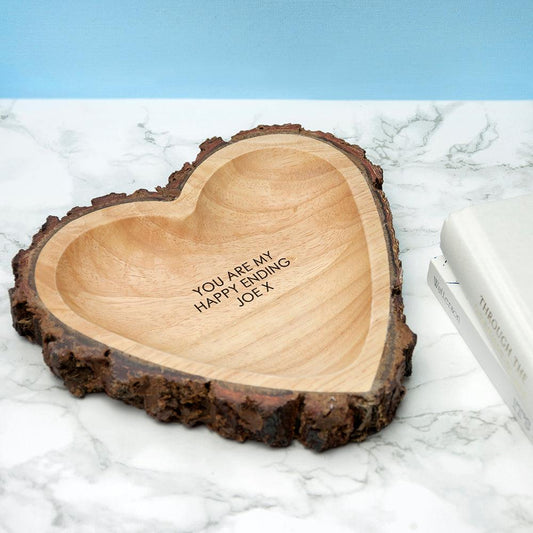 Personalised Rustic Carved Wooden Heart Dish | Romantic Valentine's Gift