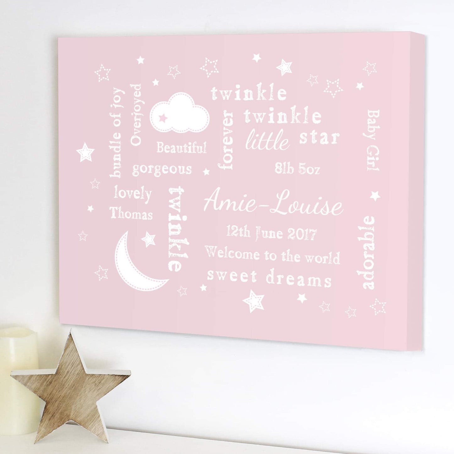 Personalised Twinkle Twinkle Little Star Typography Pink Canvas - Myhappymoments.co.uk