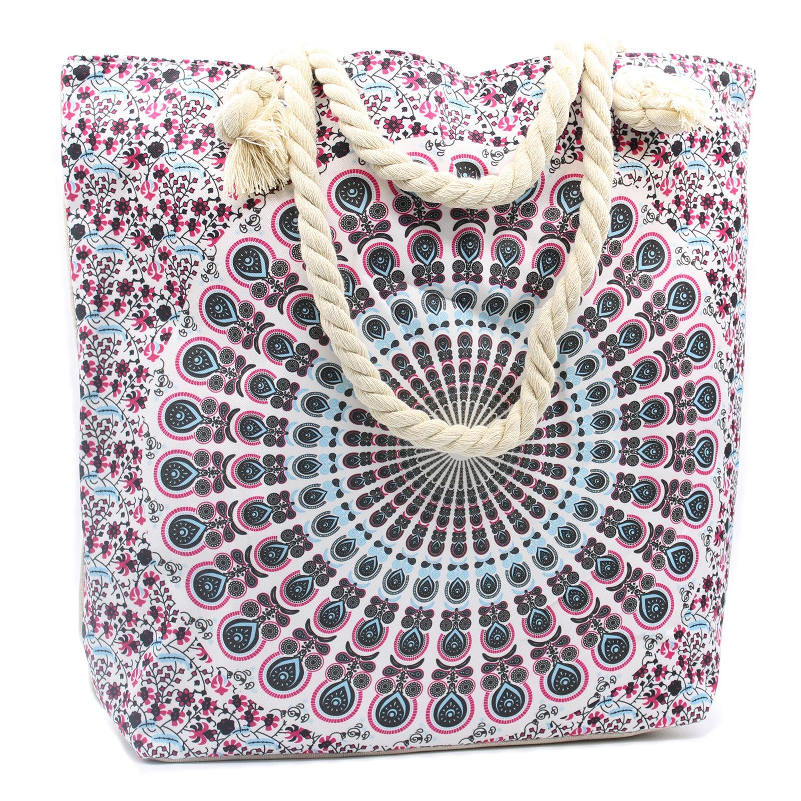 Mandala Tote Beach Bag Rope Handle - Electric Blue