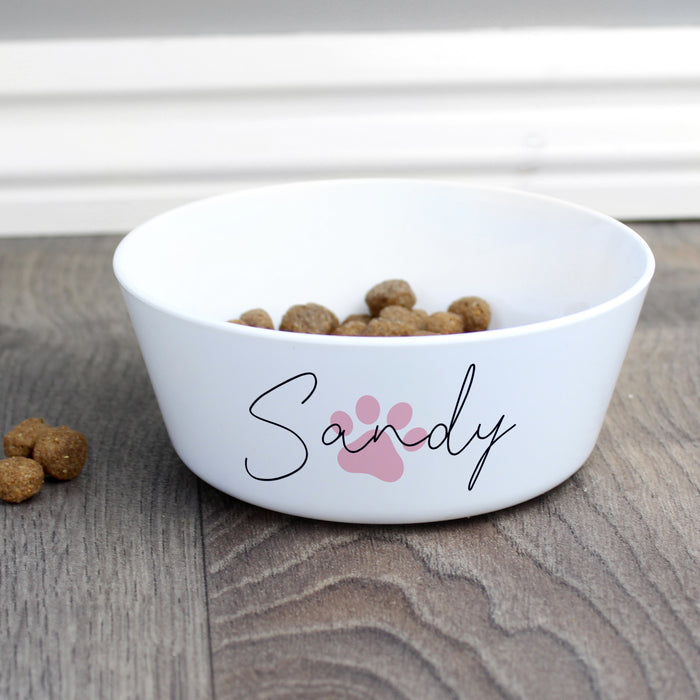 Personalised Pink Pawprint Plastic Cat Bowl