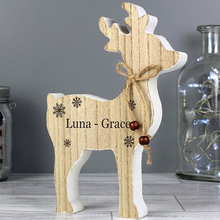 Personalised Any Name Rustic Wooden Reindeer Christmas Decoration - Myhappymoments.co.uk