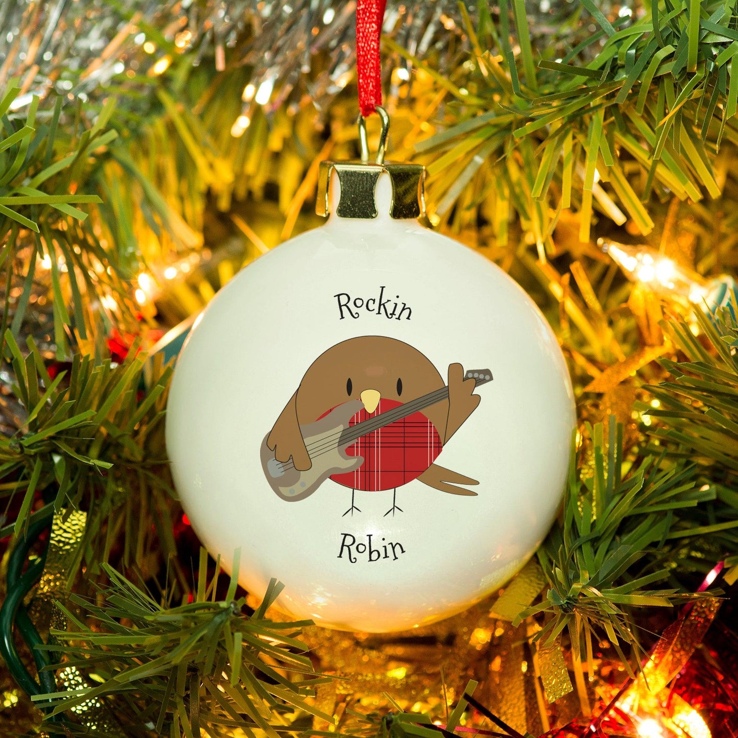 Personalised Rockin’ Robin Bone China Christmas Bauble