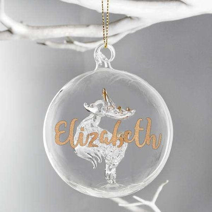 Personalised Gold Glitter Name Only Reindeer Glass Bauble - Myhappymoments.co.uk