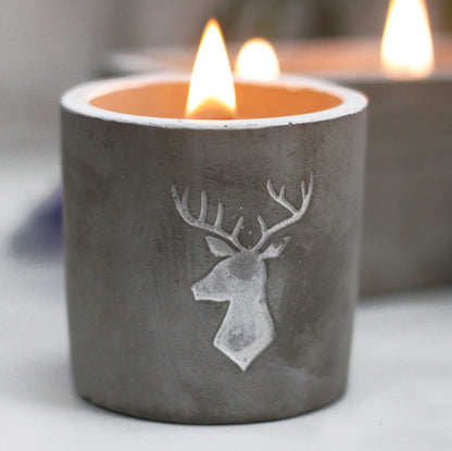 Concrete Wooden Wick Medium Candle Pot - Stag Head - Whiskey & Woodsmoke