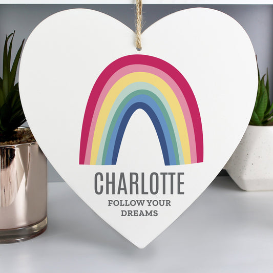 Personalised Rainbow Large Wooden Heart Decoration