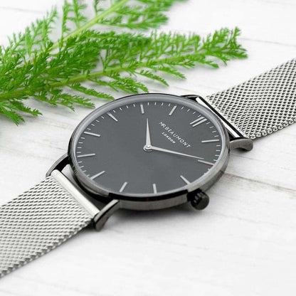 Engraved Men's Metallic Silver Mr Beaumont Watch With Black Face - Myhappymoments.co.uk