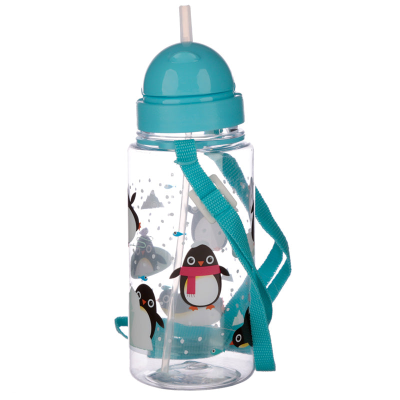 Children’s Penguin Water Bottle with Straw & String 450ml - Myhappymoments.co.uk