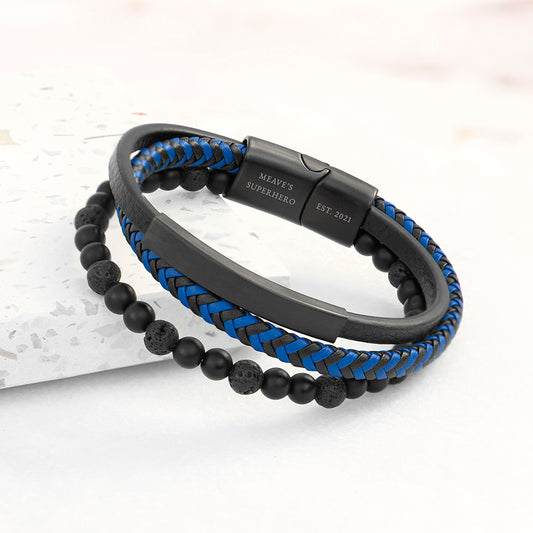 Personalised Men's Black Stone and Blue Cord Bracelet