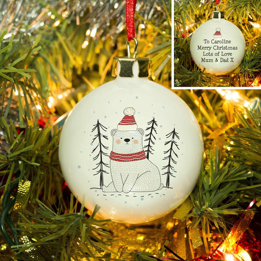 Personalised Christmas Bear Bone China Bauble - Myhappymoments.co.uk