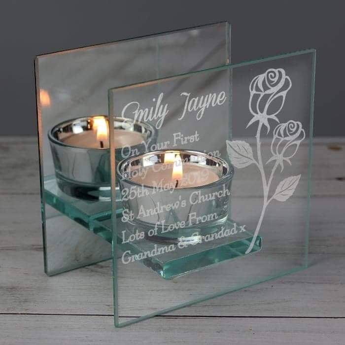 Personalised Rose Mirrored Glass Tea Light Holder - Myhappymoments.co.uk