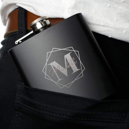 Personalised Geometric Initial Black Hip Flask - Myhappymoments.co.uk