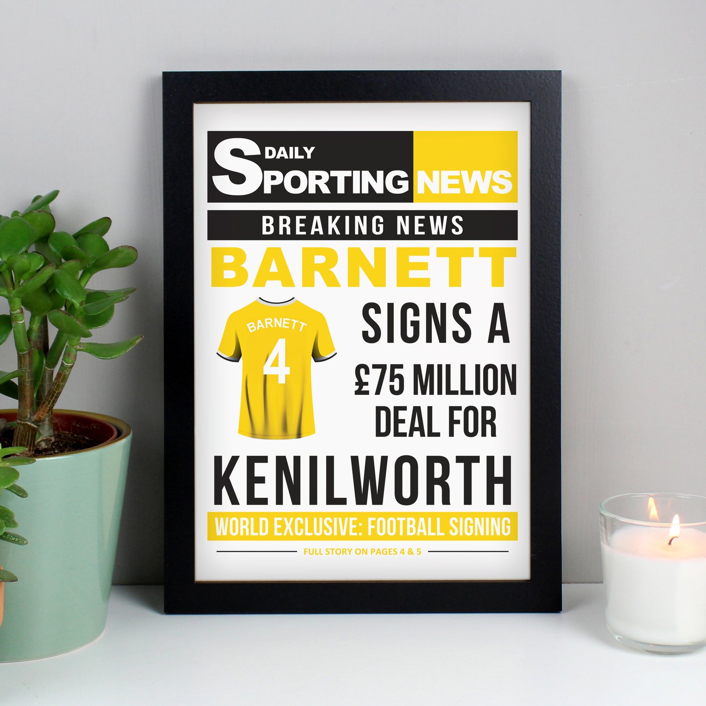 Personalised Football Signing Newspaper A4 Black Framed Print