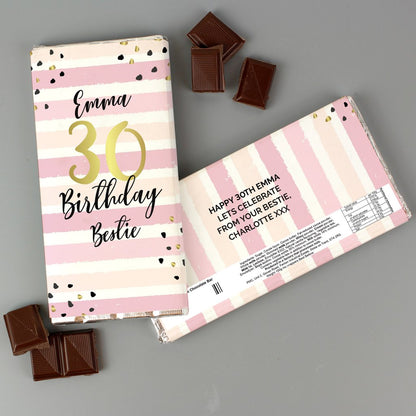 Personalised Birthday Gold and Pink Stripe Milk Chocolate Bar from Pukkagifts.uk