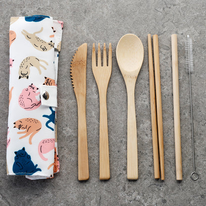 Cat's Life 100% Natural Bamboo Cutlery 6 Piece Set in Canvas Holder