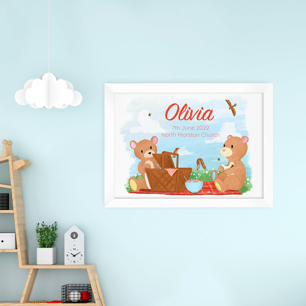 Personalised Teddy Bear Picnic White Framed Print