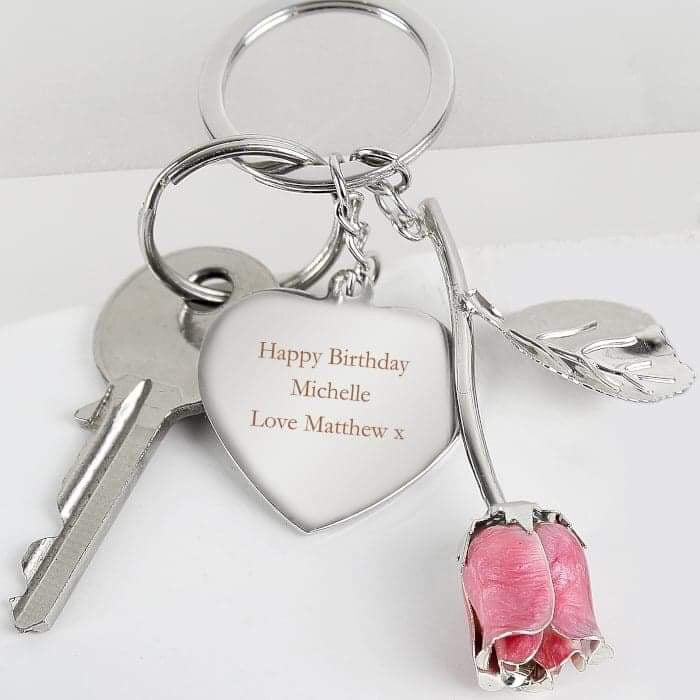 Personalised Silver Plated Pink Rose Keyring - Myhappymoments.co.uk