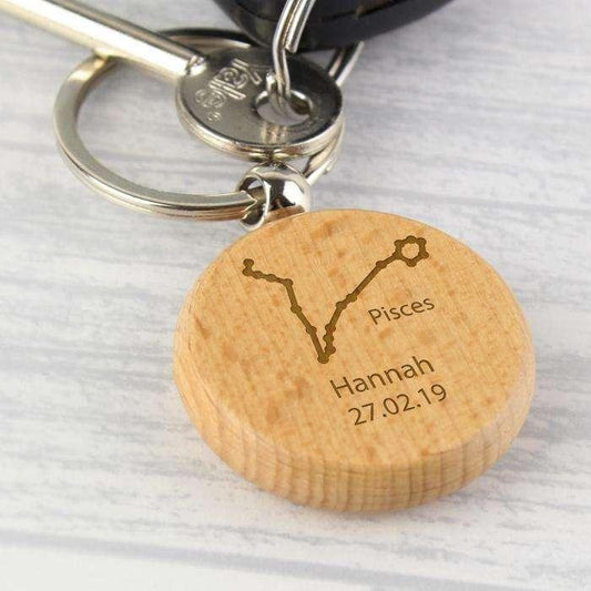 Personalised Pisces Zodiac Star Sign Wooden Keyring (February 19th - March 20th) - Myhappymoments.co.uk