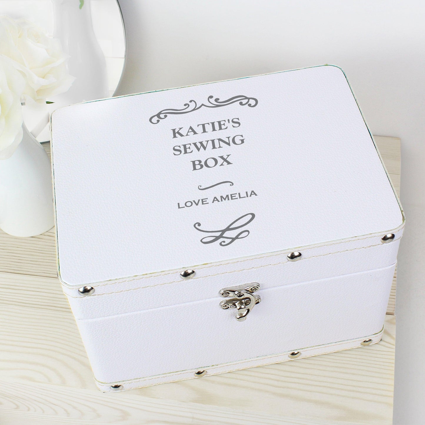 Personalised Antique Scroll White Leatherette Keepsake Box - Myhappymoments.co.uk