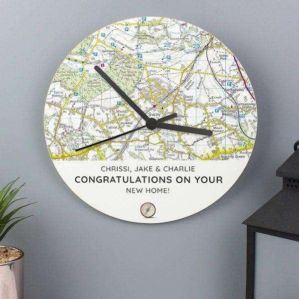 Personalised Present Day Map Compass Wooden Clock - Myhappymoments.co.uk