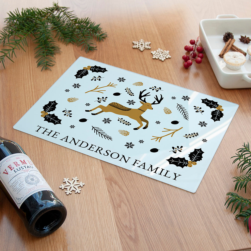 Personalised Nordic Woodland Christmas Rectangular Glass Chopping Board