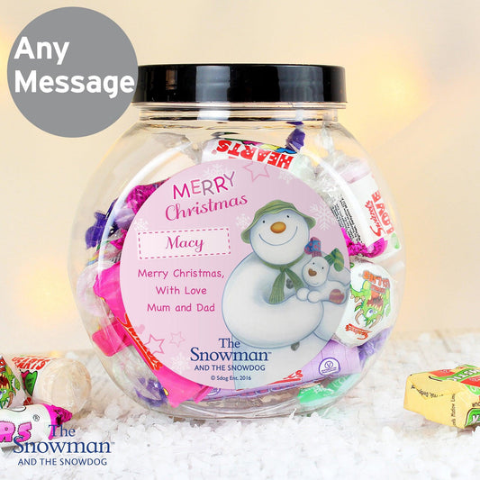 Personalised The Snowman and the Snowdog Pink Sweet Jar