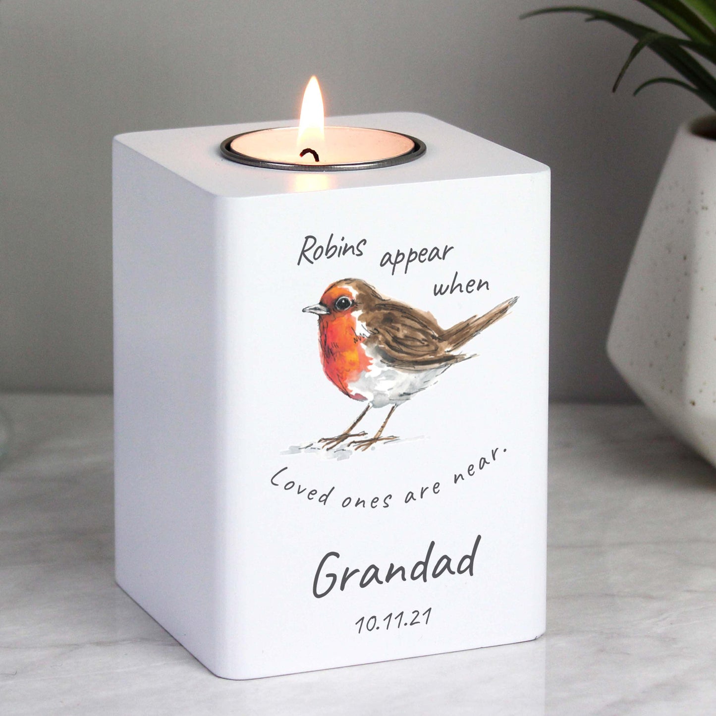 Personalised Robin In Memory Wooden Tealight Holder