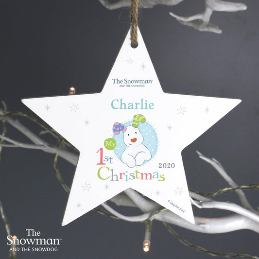 Personalised The Snowman and the Snowdog My 1st Christmas Blue Wooden Star Decoration