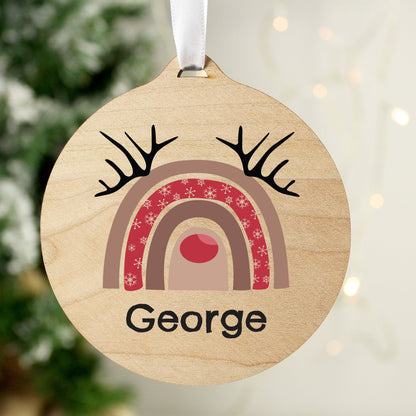 Personalised Rainbow Reindeer Round Wooden Bauble Decoration