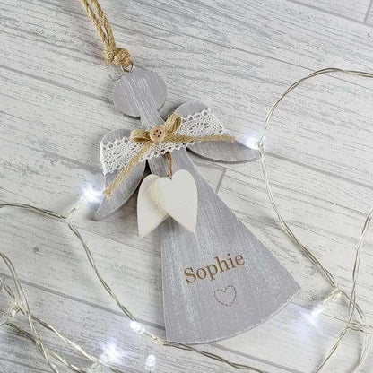 Personalised Hearts Wooden Angel Christmas Tree Decoration - Myhappymoments.co.uk