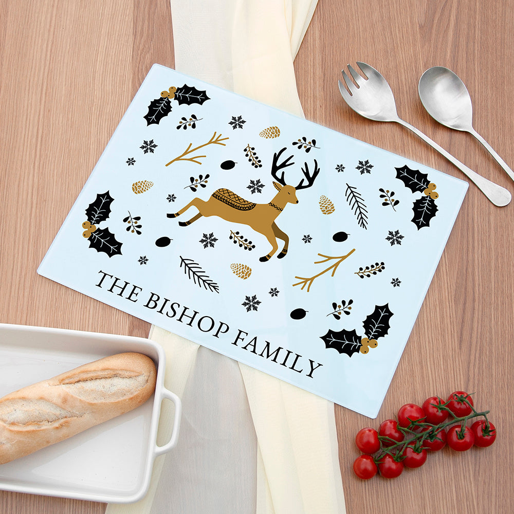 Personalised Nordic Woodland Christmas Rectangular Glass Chopping Board