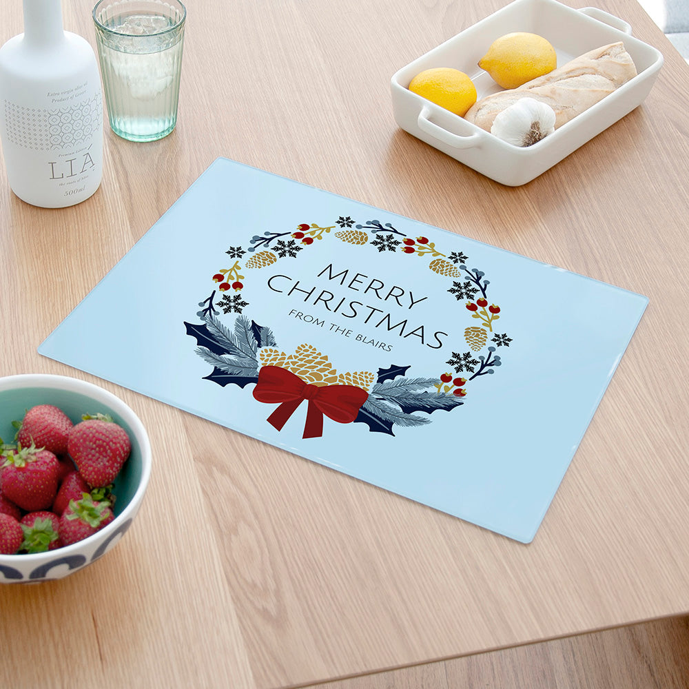 Personalised Nordic Wreath Christmas Rectangular Glass Chopping Board