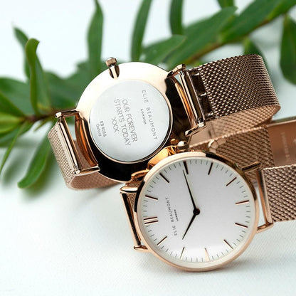 Elie Beaumont Personalised Ladies Rose Gold Mesh Strapped Watch With White Dial