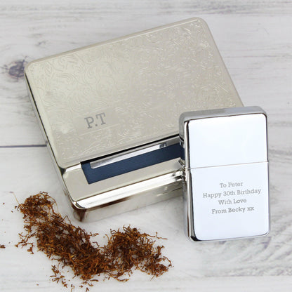 Personalised Tobacco Rolling Tin and Silver Lighter Gift Set