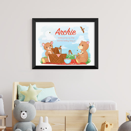 Personalised Teddy Bear Picnic Black Framed Print