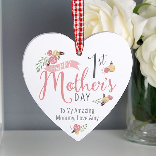 Personalised Floral Bouquet 1st Mothers Day Wooden Heart Decoration - Myhappymoments.co.uk