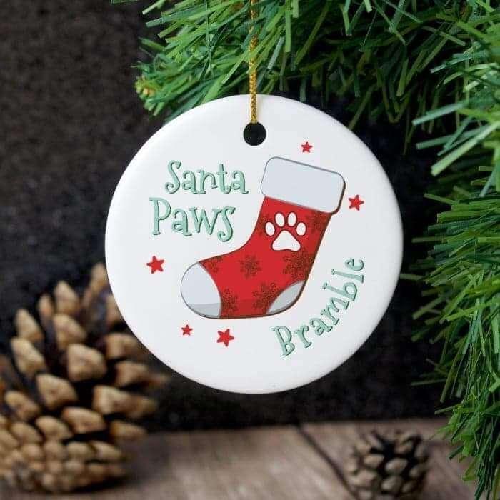 Personalised Santa Paws Round Ceramic Decoration - Myhappymoments.co.uk