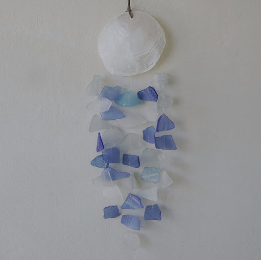 Copis & Glass Drop Recycled Glass Driftwood Wind Chime - Blue & White